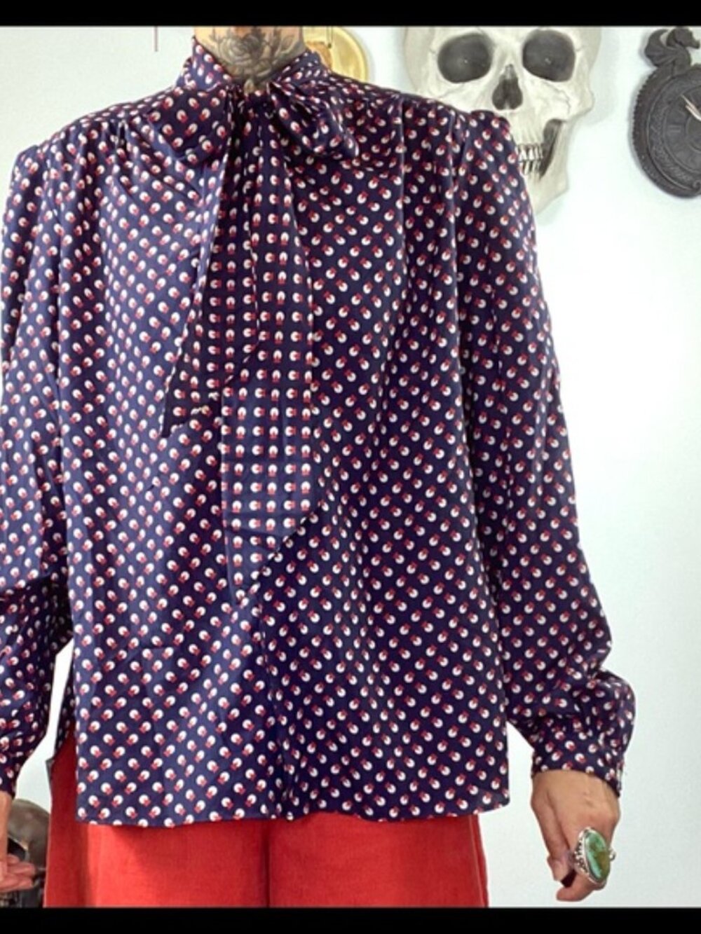 Evan Picone vintage printed bow blouse 14 - Picture 3 of 6